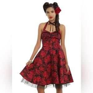 Hot Topic Red Rose Black Tulle Retro Rockabilly Halter Emo Goth Dress Homecoming